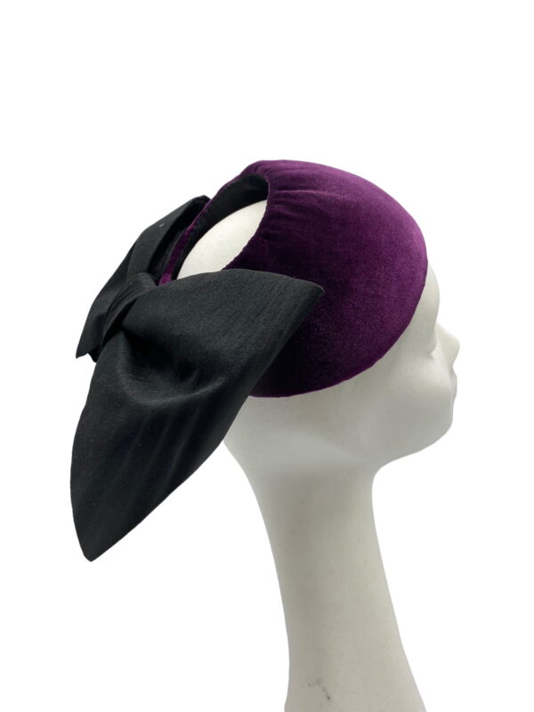 Purple plum velvet bandeau with black silk dupion back bow.